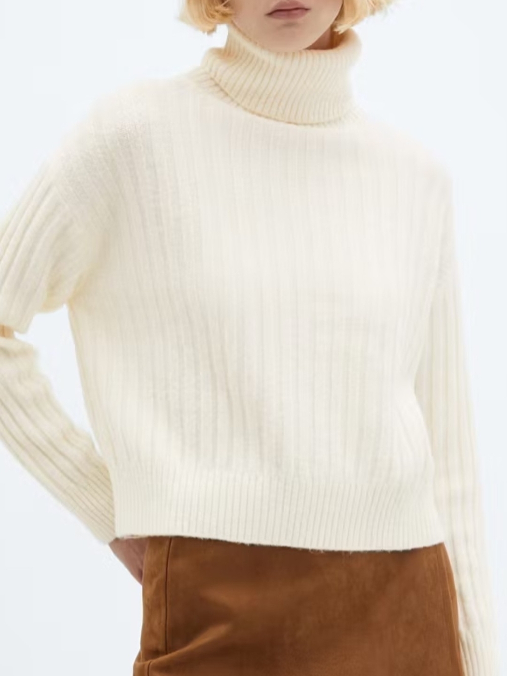 Mango Cream Ribbed Cowl Neck Sweater